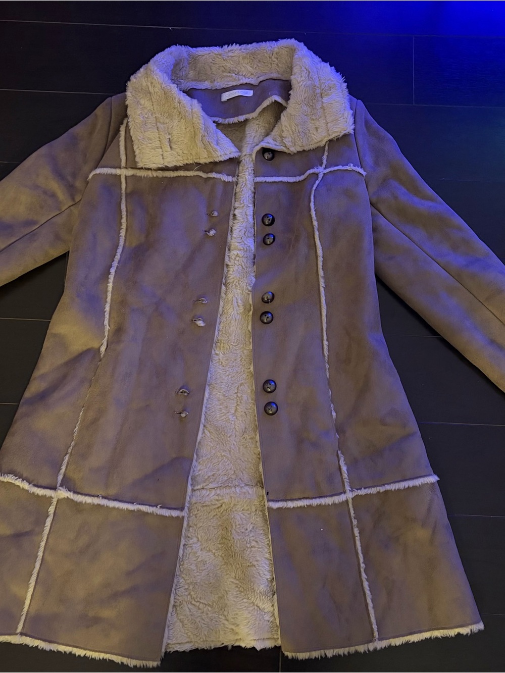 Promod Taupe Faux Shearling Coat with Cream Trim